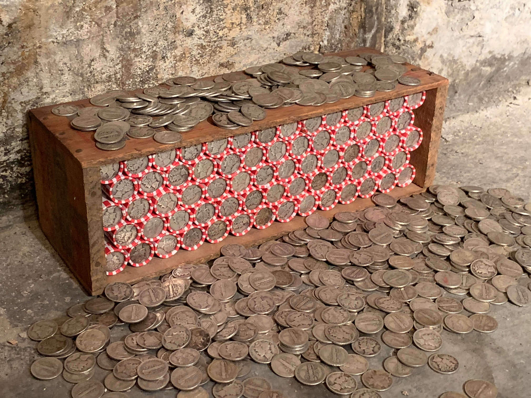 VINTAGE RED & WHITE BANK ROLL WITH A SILVER DIME SHOWING